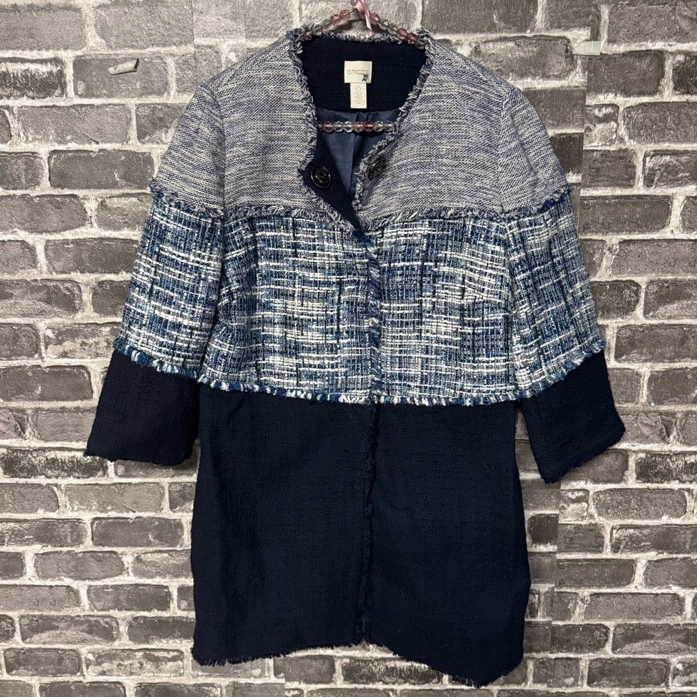 Chico’s tweed long blazer jacket blue white frayed hem snap button front